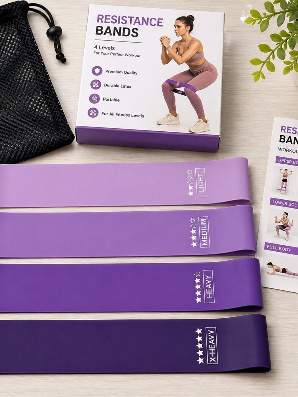 4 Pc Purple Resistance Band Set Home Workout Glute Yoga Fitness Bands